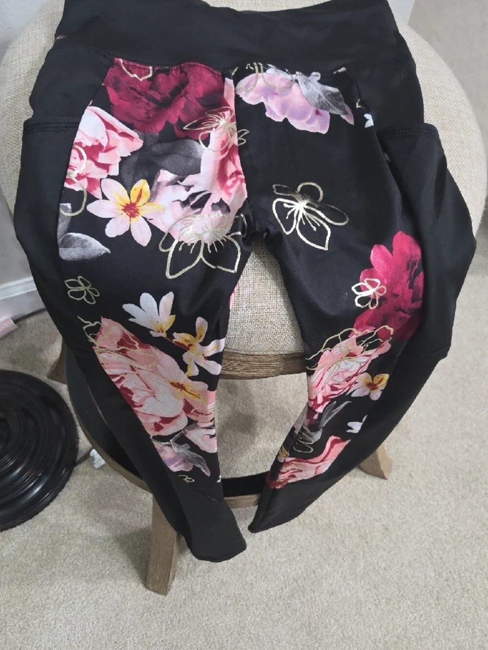 Justice Black Floral Leggings with Pink & Burgundy Flowers
